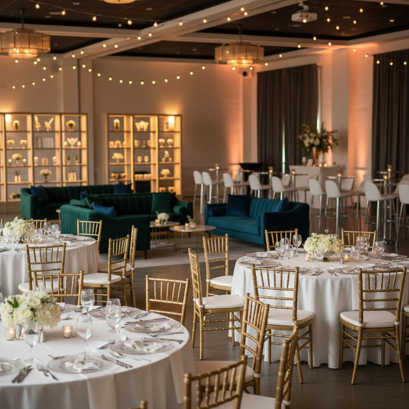 Зонирование пространства: банкетная и коктейльная мебель для мероприятий в современном лофте, демонстрирующая разные варианты рассадки.