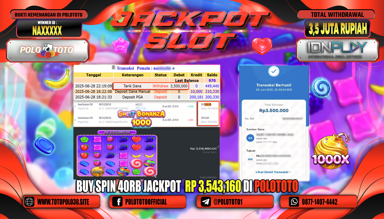 POLOTOTO JACKPOT SLOT SWEET BONANZA 1000 Rp.3.500.000,-