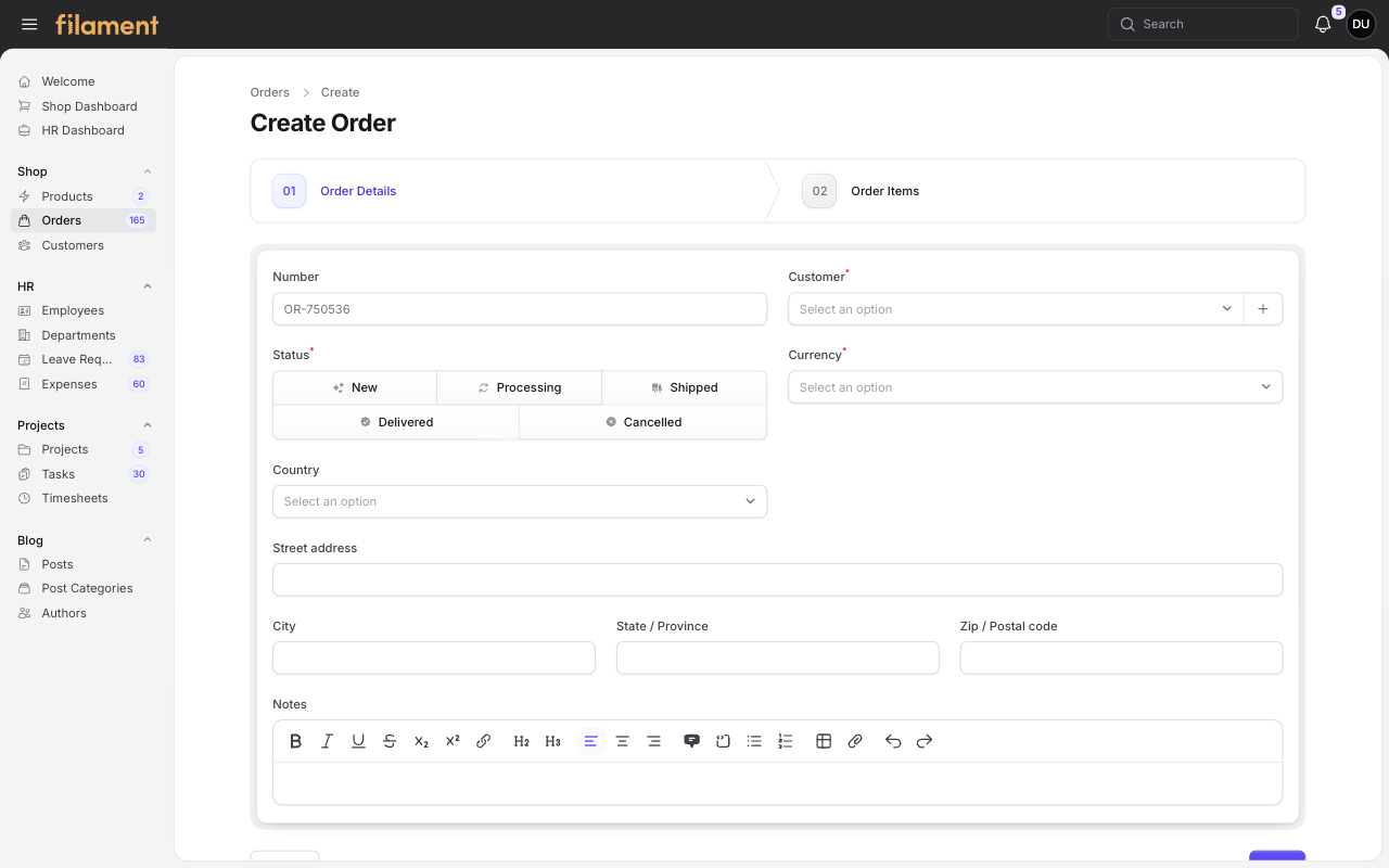 Stature Theme Order create page in light mode