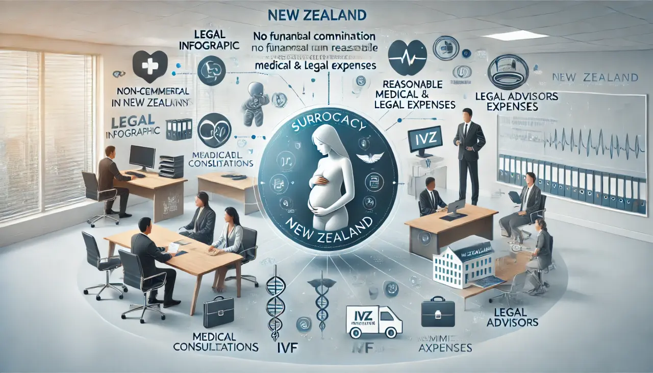 Non-commercial surrogacy in New Zealand with reasonable expenses for medical and legal services, depicted in a professional office setting.