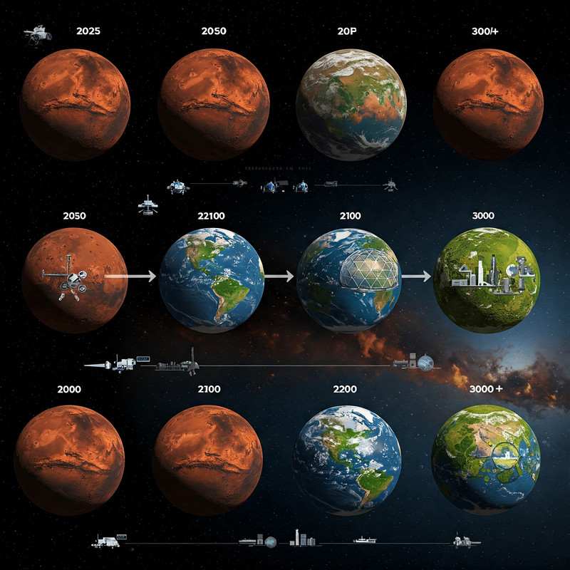 Artistic representation of water canals and early signs of vegetation spreading across the Martian landscape.