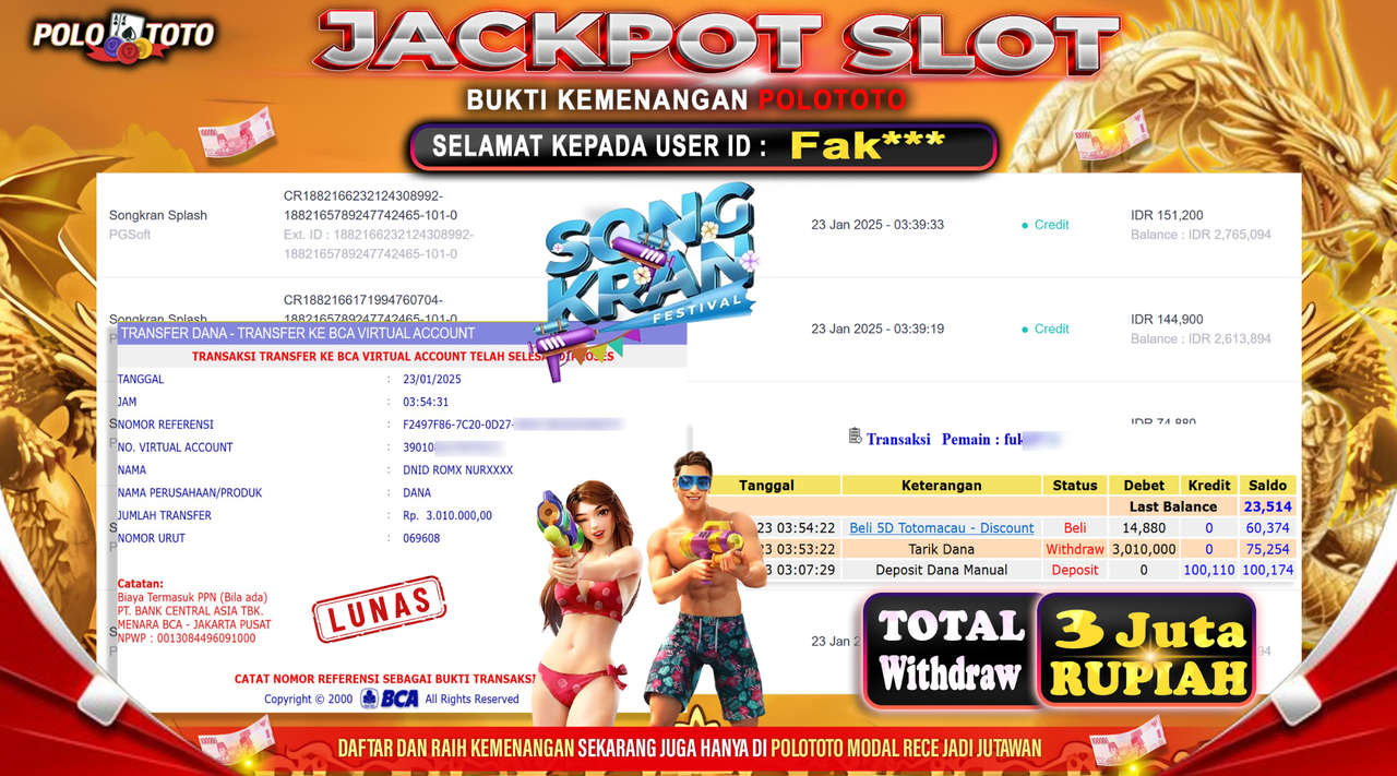POLOTOTO JACKPOT SLOT SONGKRAN SPLASH Rp.3,010.000,-