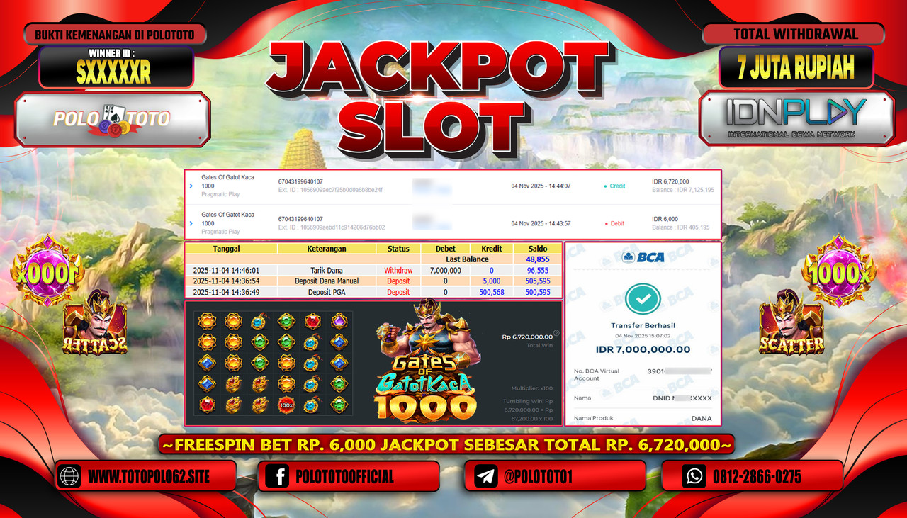 POLOTOTO JACKPOT SLOT GATES OF GATOT KACA 1000 Rp.7.000.000,- LUNAS