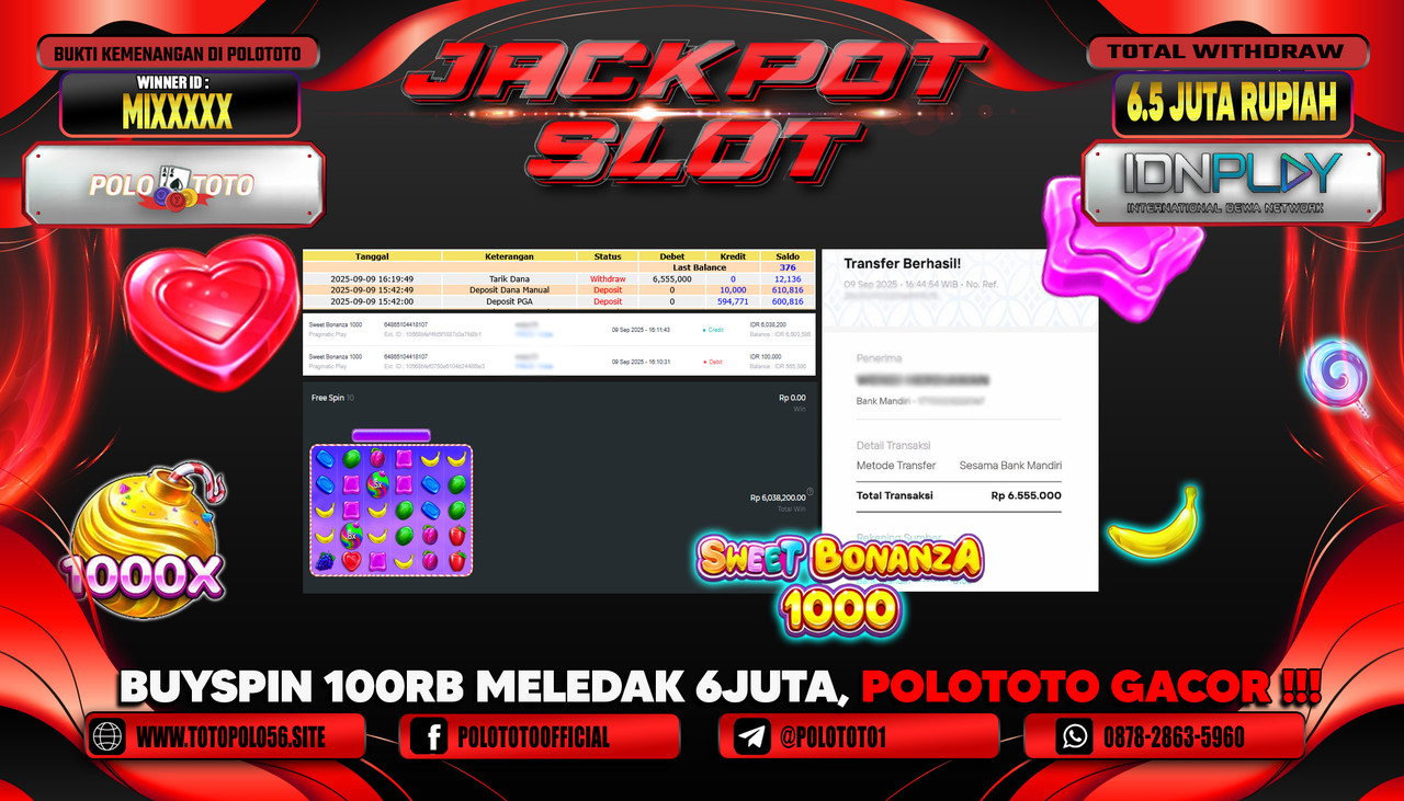 POLOTOTO JACKPOT SLOT SWEET BONANZA 1000 Rp.6.500.000,- LUNAS