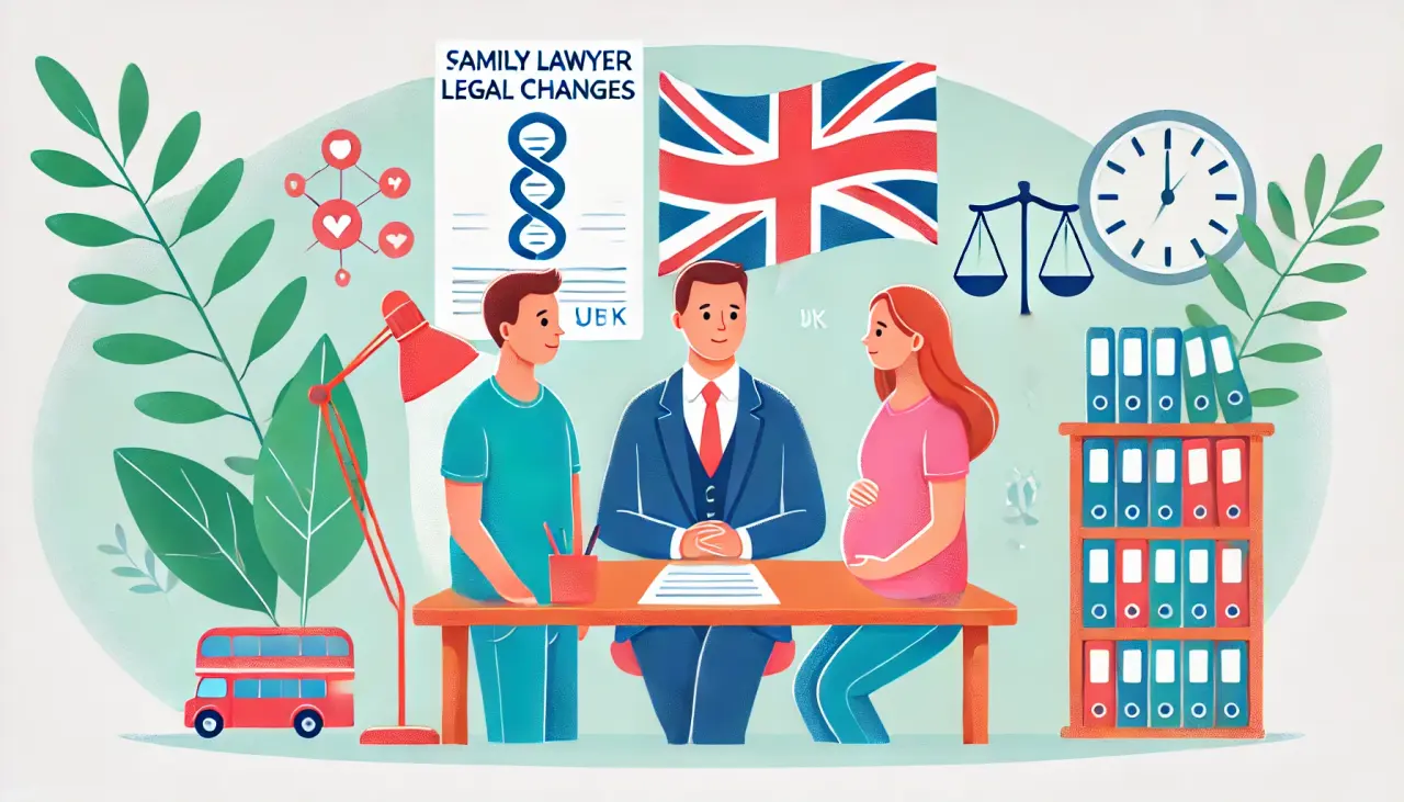 A family lawyer explaining surrogacy legal changes to intended parents in the UK