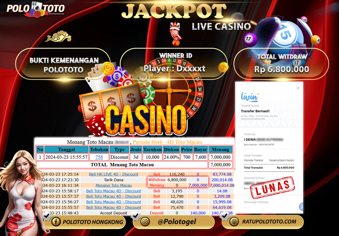 POLOTOTO JACKPOT LIVE GAME CASINO Rp. 6,800.000,- LUNAS