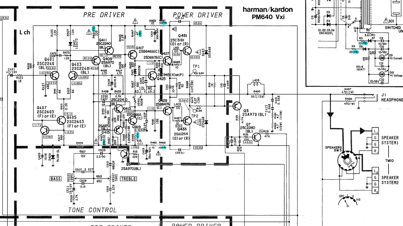 Harman Kardon PM640vxi schematic detail left power amp Fuse Resistors marked v2