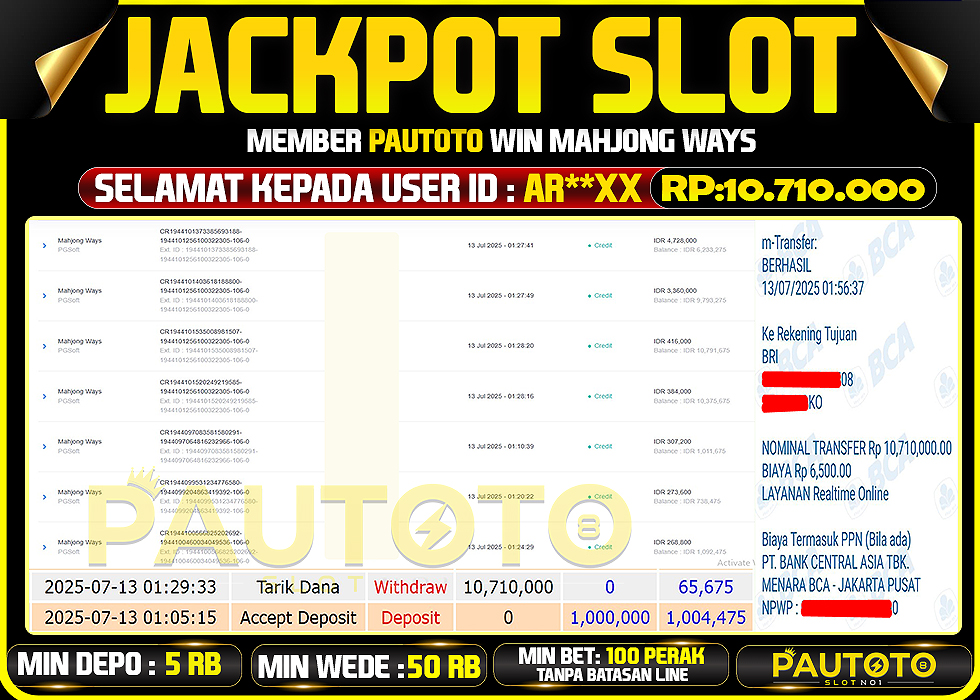 BUKTI PEMBAYARAN TGL 12 JULY 2025 MENANG DI PERMAINAN MAHJONG WAYS TOTAL WD 10 JUTAAN