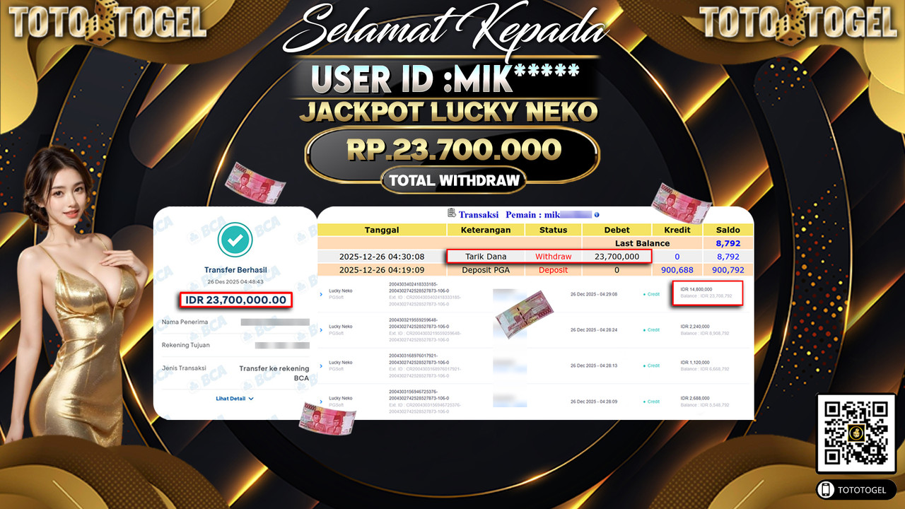 Bukti Pembayaran Jackpot Permainan Slot Lucky Neko ID:MIK**** LUNAS
