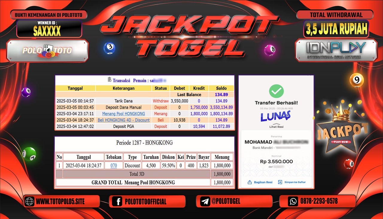 POLOTOTO JACKPOT TOGEL PASARAN HONGKONG Rp.3.550.000,-