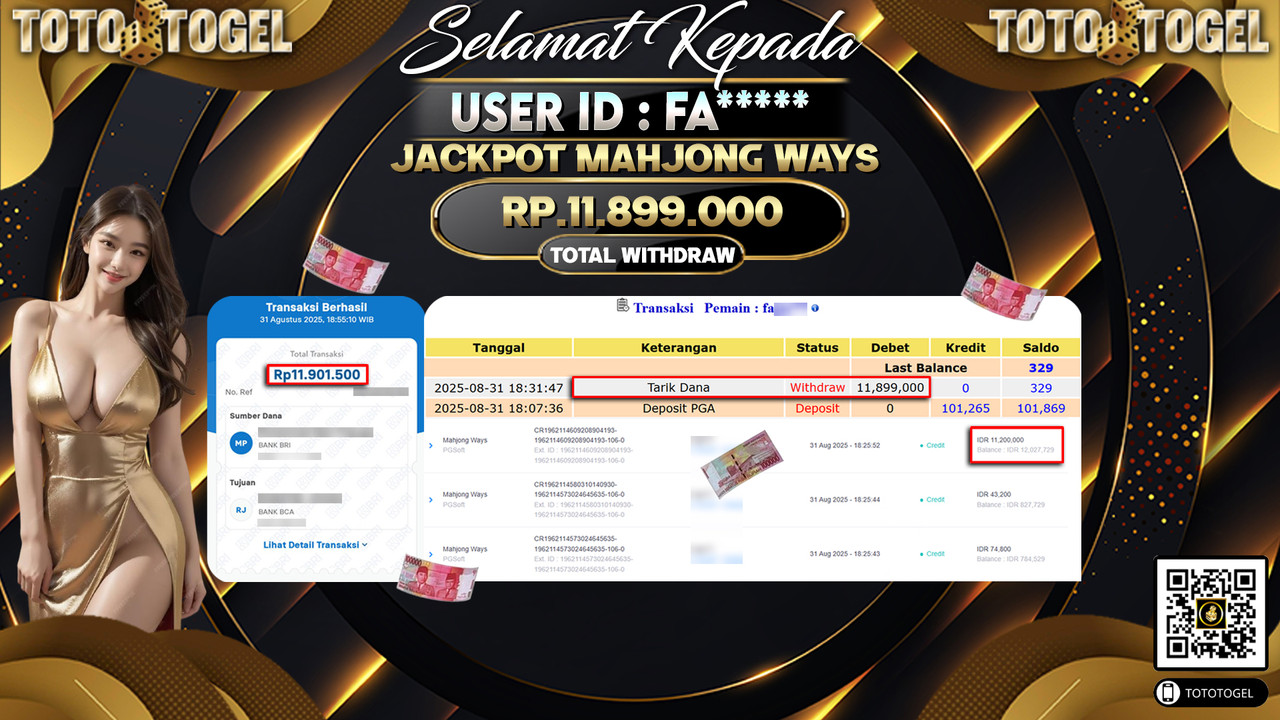 Bukti Pembayaran Jackpot Permainan Slot Mahjong Ways ID:FA***** LUNAS