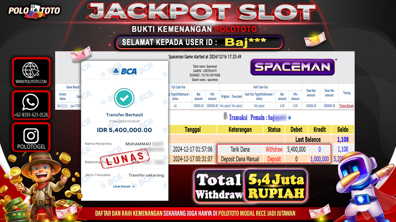 POLOTOTO JACKPOT SLOT SPACEMAN Rp.5,400.000,-