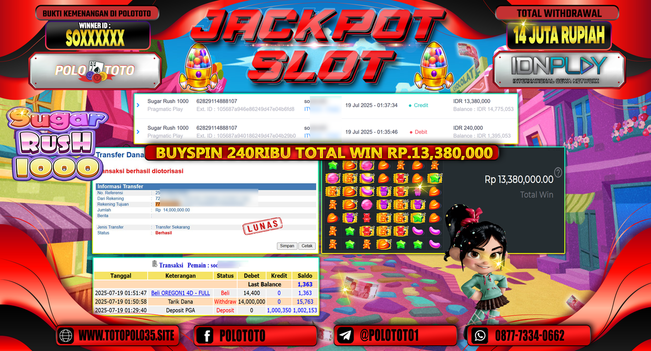 POLOTOTO JACKPOT SLOT SUGAR RUSH 1000 Rp.14.000.000,- LUNAS