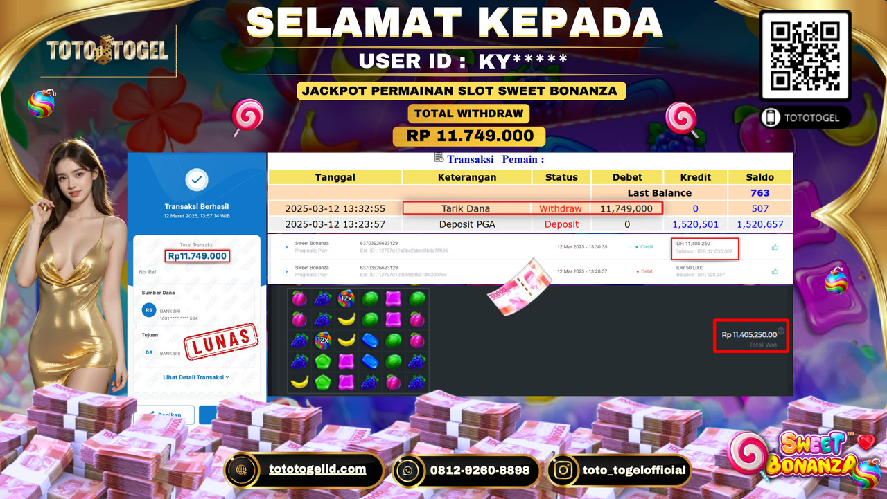 Bukti Pembayaran Jackpot  Permainan Slot Sweet Bonanza ID:KY***** LUNAS