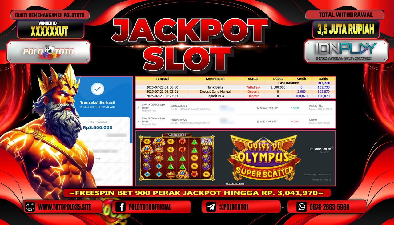 POLOTOTO JACKPOT SLOT GATES OF OLYMPUS SUPER SCATTER Rp.3.500.000,- LUNAS