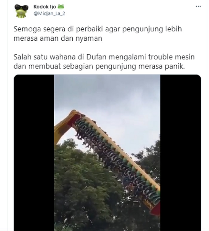 Sebuah unggahan video viral memperlihatkan wahana Tornado di Dufan Ancol berhenti saat beroperasi.