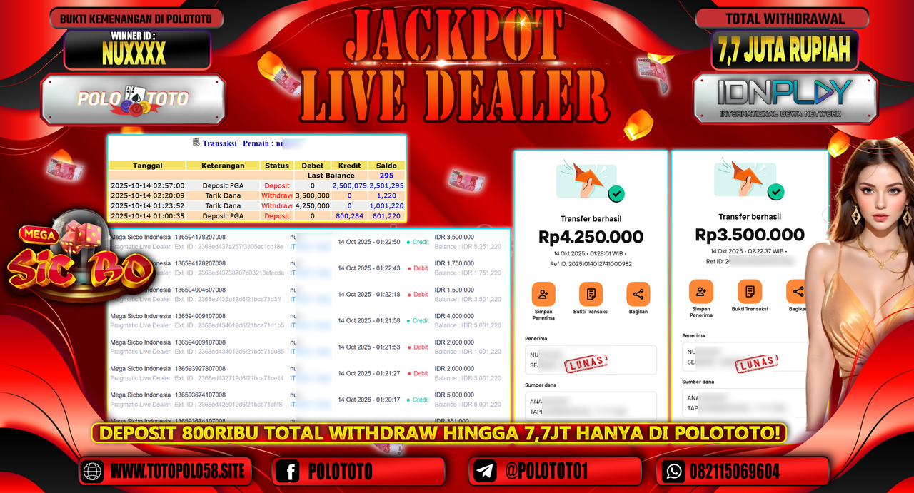 POLOTOTO JACKPOT SLOT LIVE DELAER MEGA SICBO INDONESIA Rp.7.700.000,- LUNAS