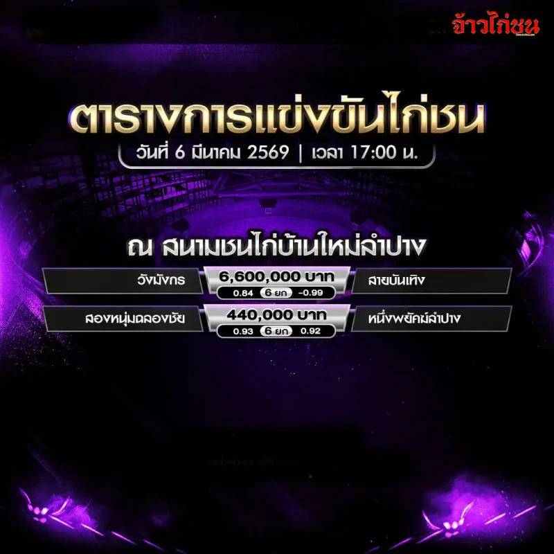 โปรแกรมไก่ชน สนามชนไก่บ้านใหม่ลำปาง วันที่ 6 มีนาคม 2569