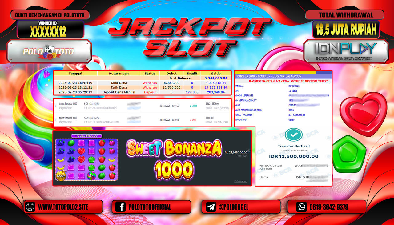 POLOTOTO JACKPOT SLOT SWEET BONANZA 1000 Rp.18.500.000,-