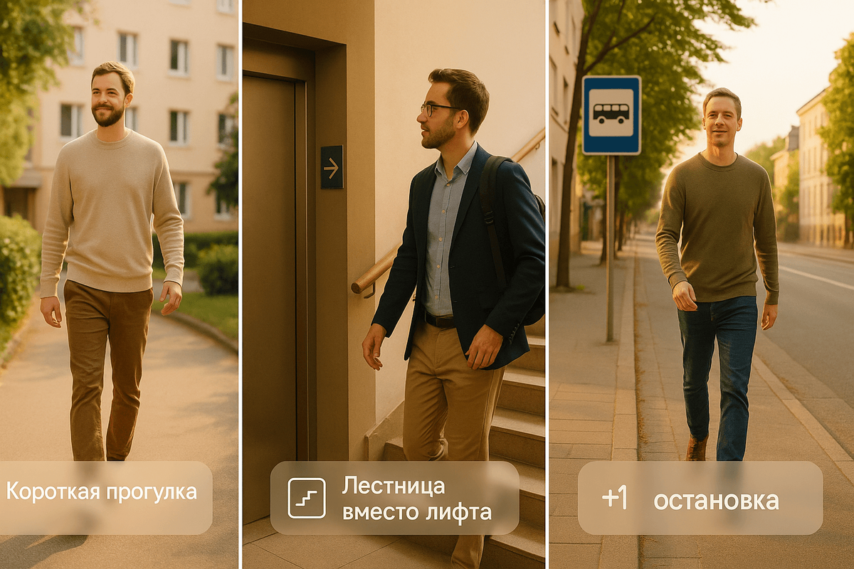 Короткая прогулка во дворе, выбор лестницы вместо лифта, человек выходит на остановку раньше и идёт — Postimages