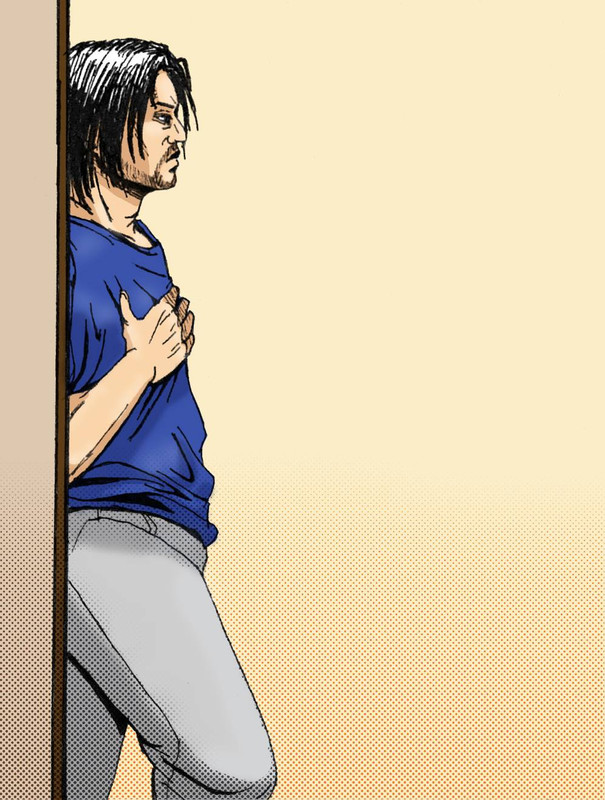 A colored drawing of Daigo in profile from the knees up. He is leaning against a doorframe. One hand in on his chest, his hair looks a little bedraggled, and his eyes are cast down. He is wearing a loose blue tshirt and grey sweatpants.