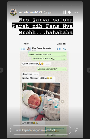 Unggahan Vega Darwanti soal temannya yang memberi nama Arya Saloka untuk buah hatinya.