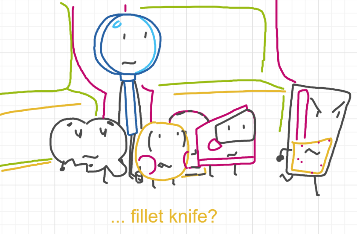 A panel from A Murder On The, episode six of the Board Boards object show by Furretwalk/WalkingFurret.