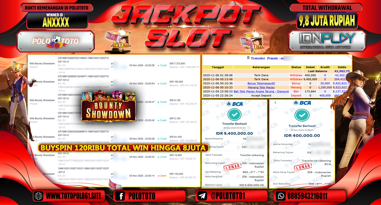 POLOTOTO JACKPOT SLOT WILD BOUNTHY SHOWDOWN Rp.9.800.000,- LUNAS