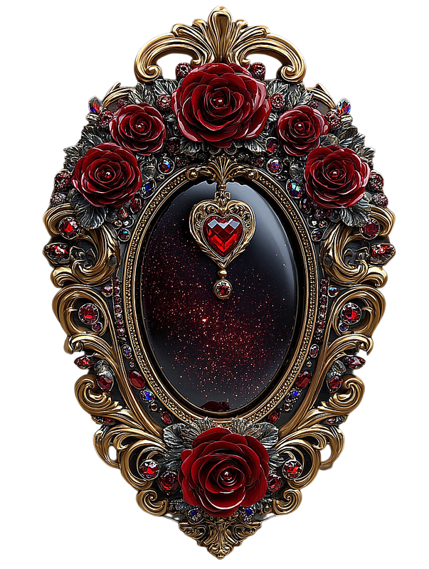 Miroir ancien orné de roses rouges et de rubis