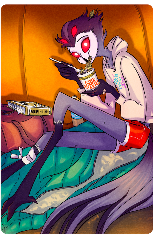 An image of Stolas in the tent eating instant noodles as he stares at the viewer with wide eyes. He is sporting the Horse Girl Era sweatshirt and has a bandage wrapped around his left leg