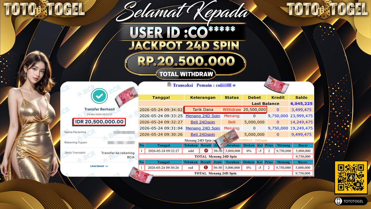 Bukti Pembayaran Jackpot Permainan Live Game 24D Spin ID:CO***** LUNAS
