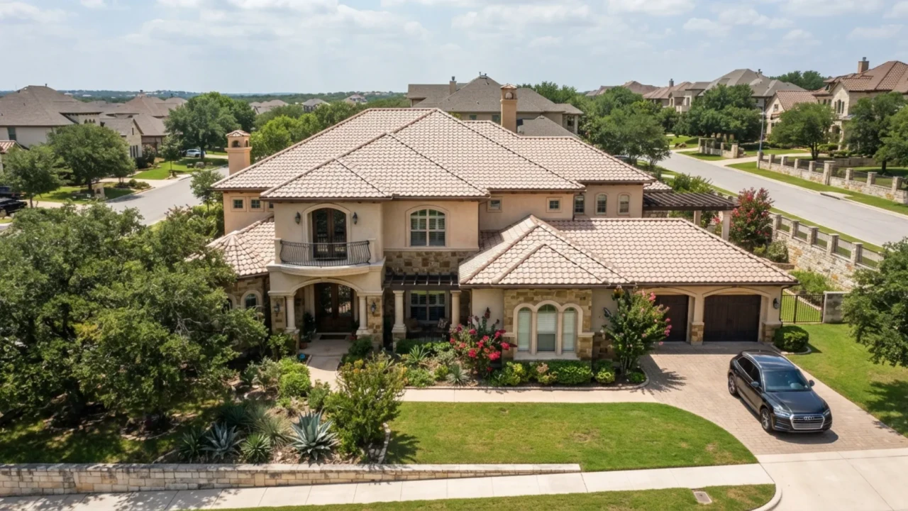 Metal tile roofing on a San Antonio home with Spanish tile profile showing lightweight tile appearance