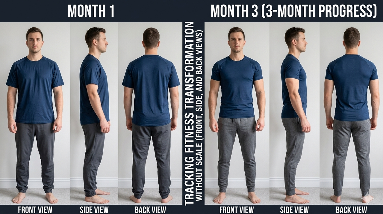 Three month progress photo collage showing front side and back views for tracking fitness transformation without scale and body composition changes
