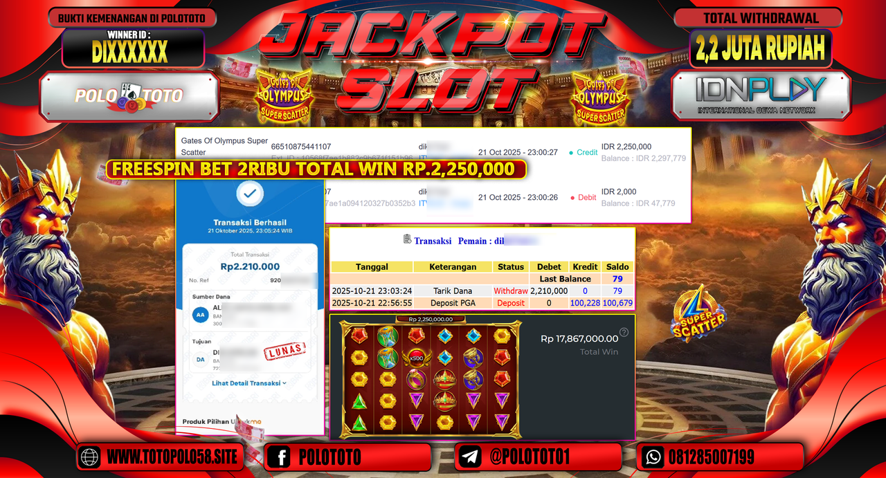 POLOTOTO JACKPOT SLOT GATES OF OLYMPUS SUPER SCATTER Rp.2.200.000,- LUNAS