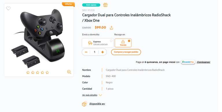 Cargador Dual para Controles Inalámbricos RadioShack / Xbox One en $99 
