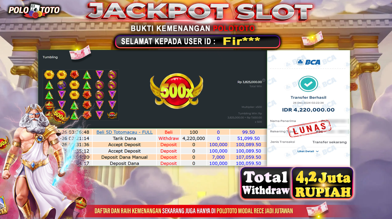 POLOTOTO JACKPOT SLOT GATES OF OLYMPUS Rp.4,220.000,-