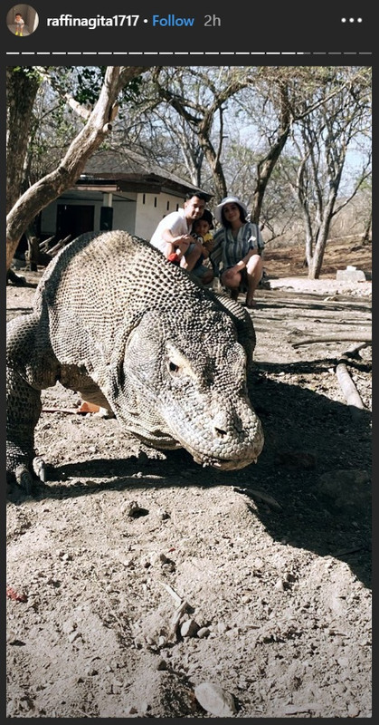 Raffi Ahmad, Nagita Slavina, dan Rafathar Malik Ahmad foto bareng komodo