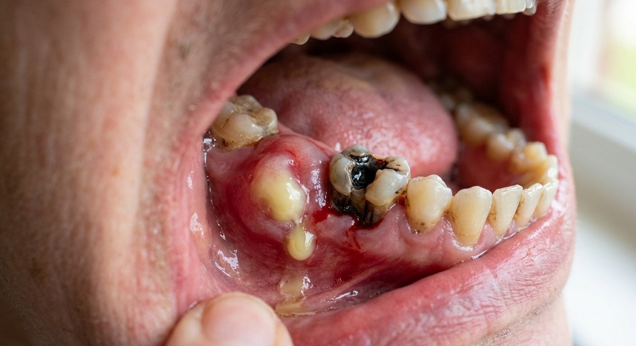 Отек десны при абсцессе зуба от нелеченого кариеса