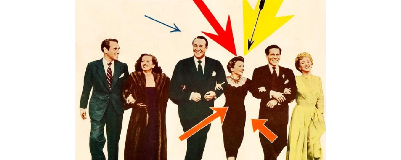 Cartaz do filme All About Eve, com os 6 personagens principais e várias setas de várias cores e tamanhos apontando para a Eve