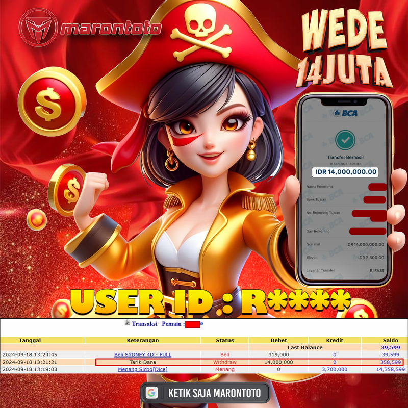 Bukti Kemenangan Member Marontoto Sebesar 14 JUTA