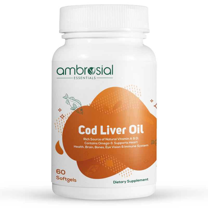 Ambrosial Pure Cod Liver Oil 300mg Omega 3 Fatty Acids with Vitamin A & Vitamin D 60 Softgels