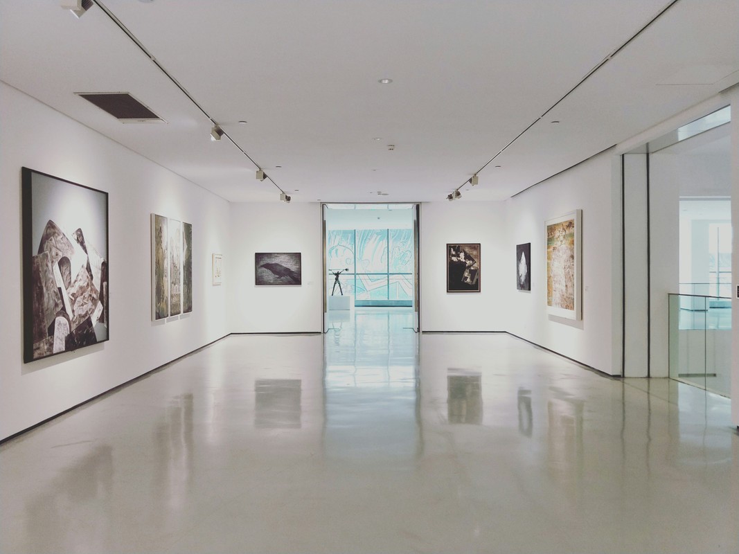 Couple-exploring-an-art-gallery-admiring-paintings-on-the-wall