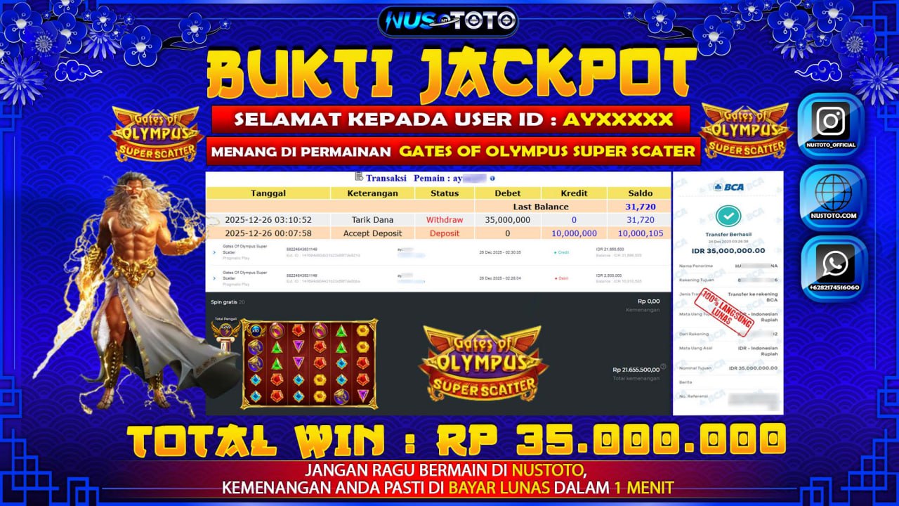 JACKPOT !! MENANG BESAR DI SLOT GATES OF OLYMPUS SUPER SCATTER Rp. 35.000.000 LANGSUNG DI BAYAR LUNAS NUSTOTO !!