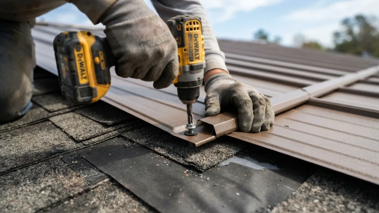 Metal roofing panels being installed directly over existing asphalt shingles on a San Antonio residential home