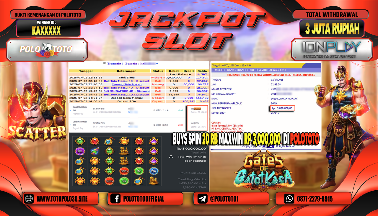 POLOTOTO JACKPOT SLOT GATES OF GATOT KACA 1000 Rp.3.000.000,-