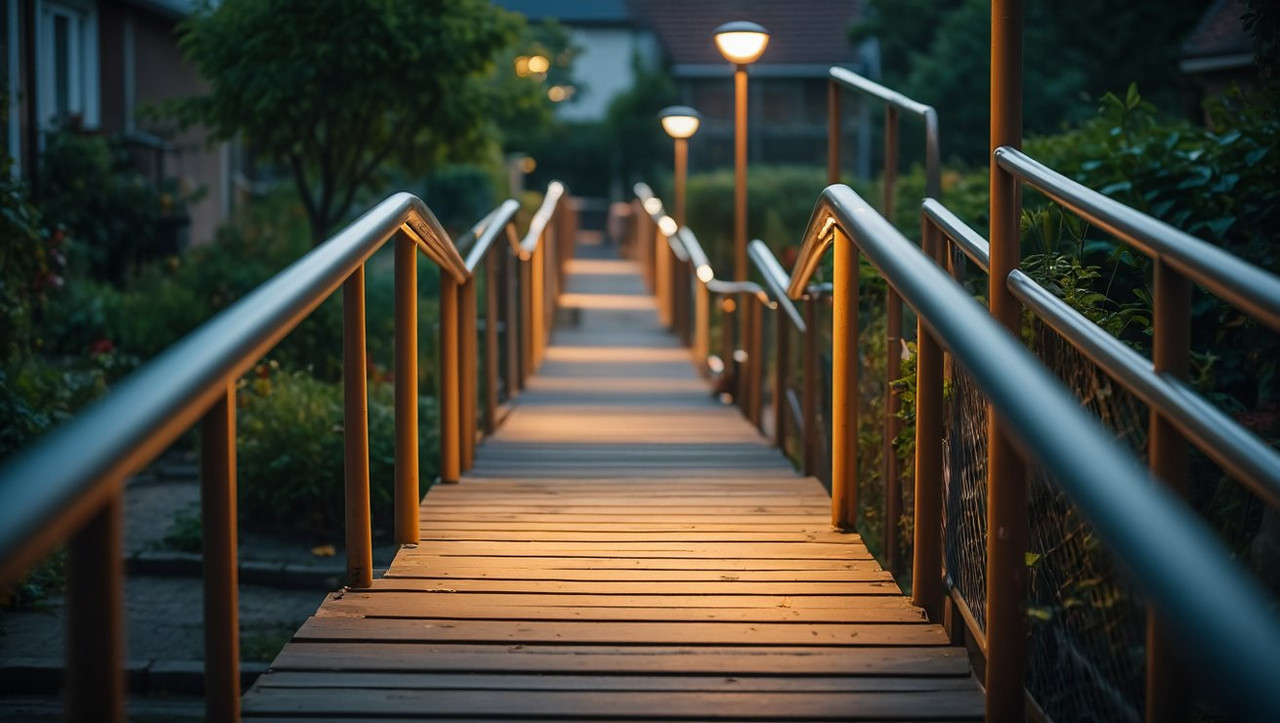 Широкие дорожки с поручнями и освещением на дачном участке для безопасности пожилых