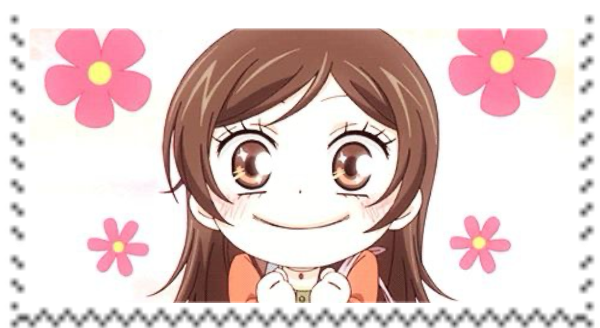 A stamp of Nanami from Kamisama Kiss, Chibi with pink flowers surrounding her and a white background