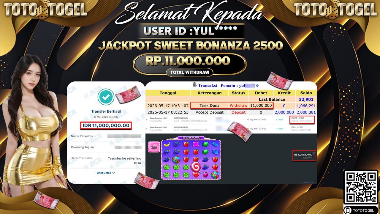 Bukti Pembayaran Jackpot Permainan Slot Sweet Bonanza 2500 ID:YUL***** LUNAS