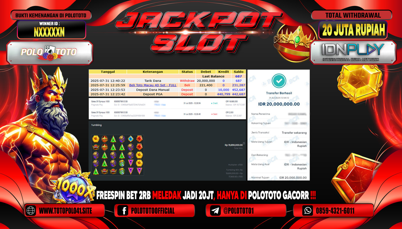 POLOTOTO JACKPOT SLOT GATES OF OLYMPUS 1000 Rp.20.000.000,-LUNAS