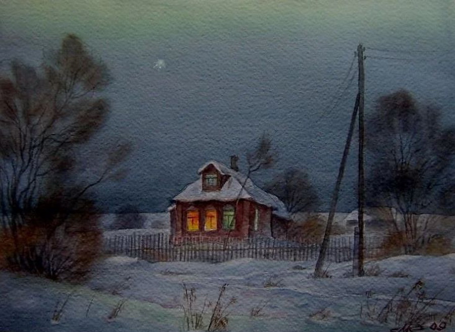 Поздний зимний вечер. Зимний деревенский пейзаж. Зимняя ночь в деревне живопись.